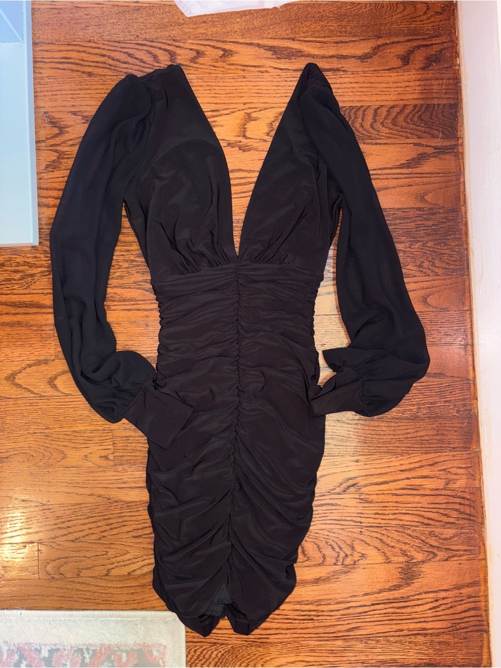 Windsor Black Long-Sleeve Ruched V-Neck Midi Dress